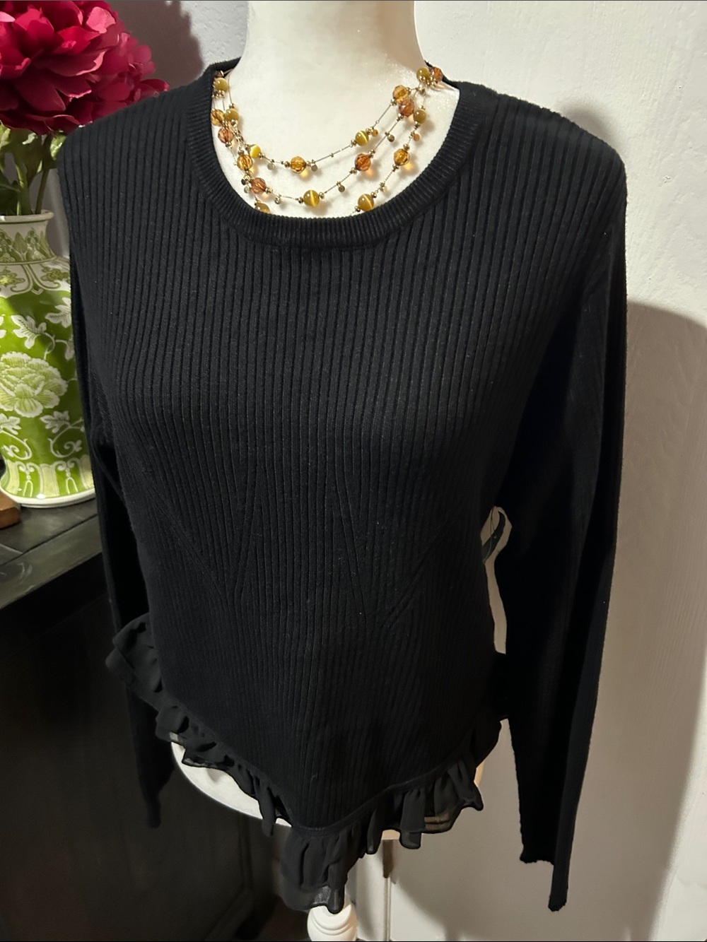 Robert Rodriguez Black Ribbed Long-Sleeve Top with Ruffle Hem